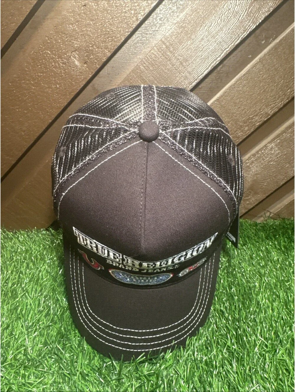True Religion TR4247 Jet Black Multi Patch Trucker Hat Brand Jeans NWT MSRP $64